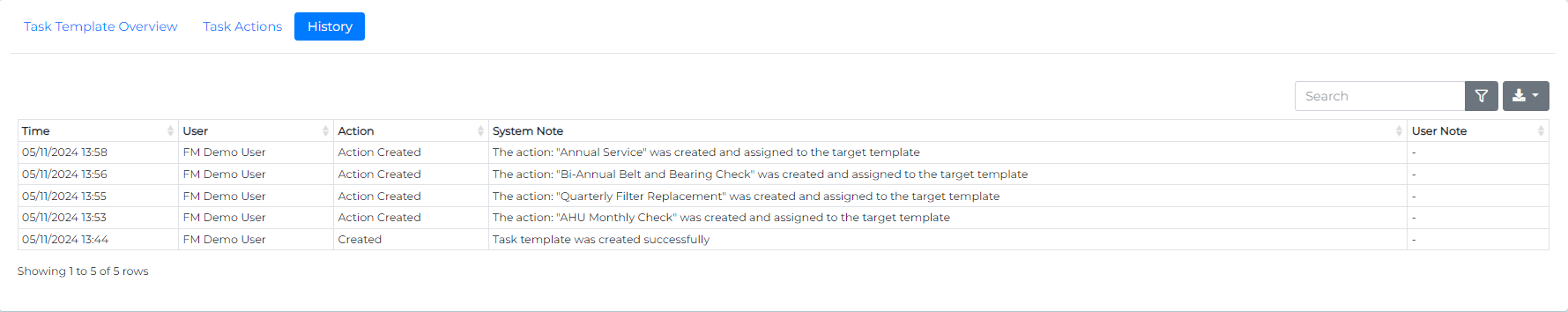 Task template history view