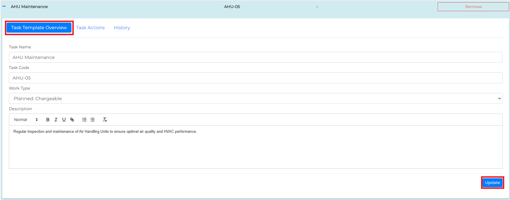Editing a task template in the overview tab