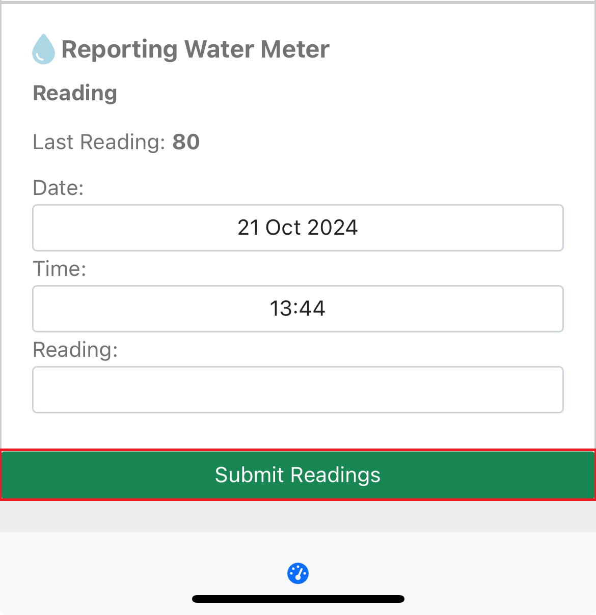 Submit readings button of the meter readings dashboard