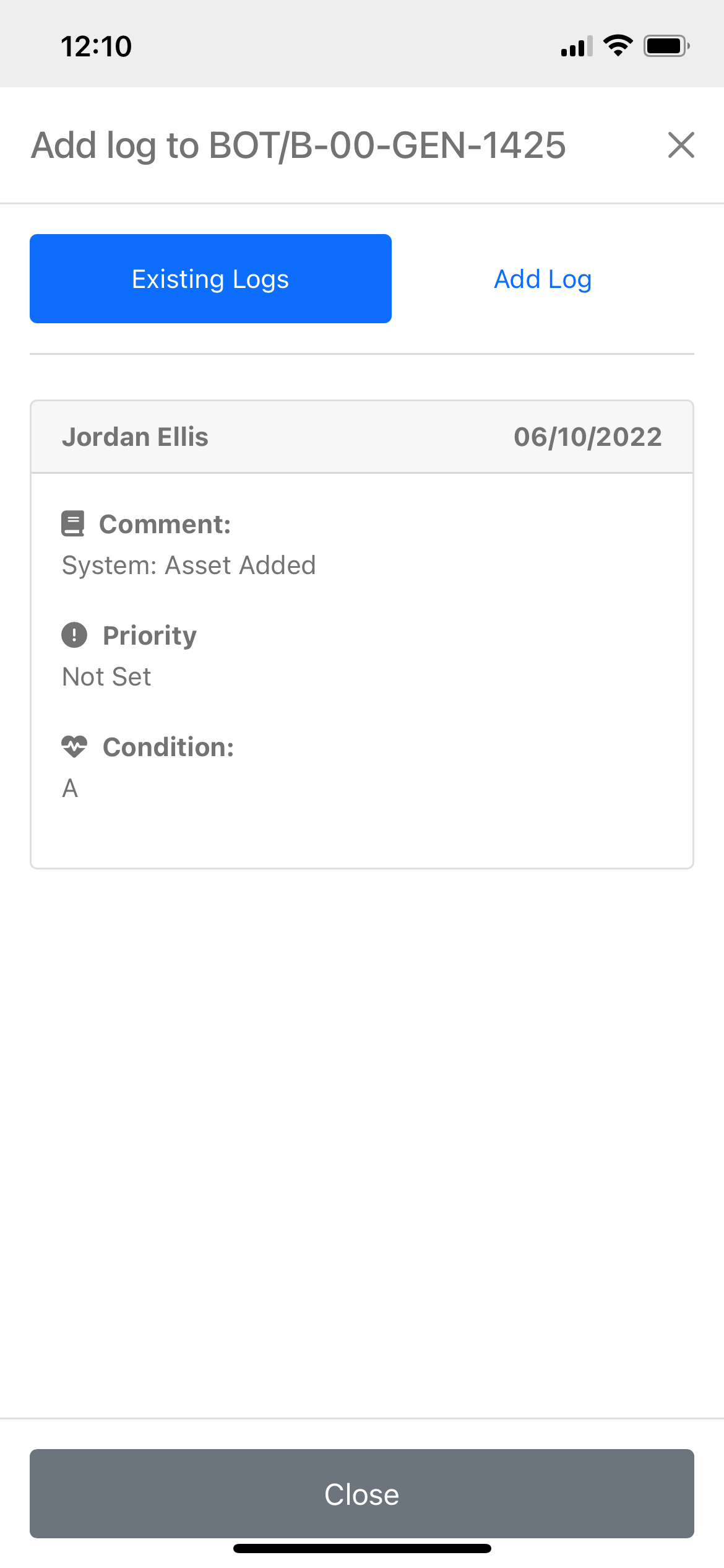 Viewing an asset log