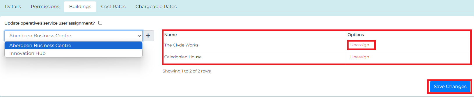 Unassigning a building from an operative's access list