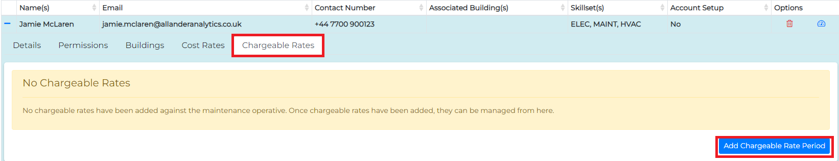 Charge rate configuration screen for operatives in the CMMS