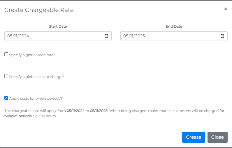 Create charge rate form with required fields