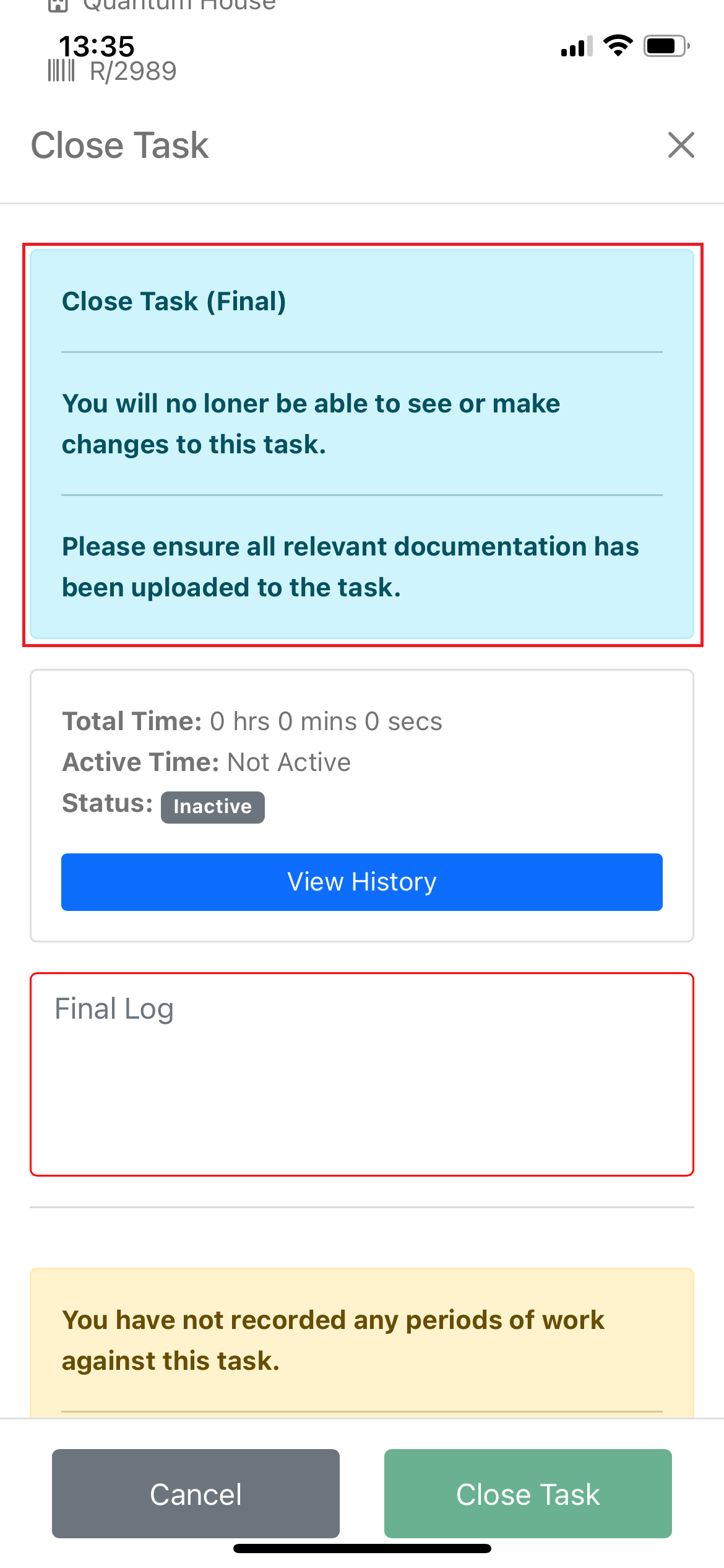 Close task menu showing no timeblocks, with elevated close permission displayed