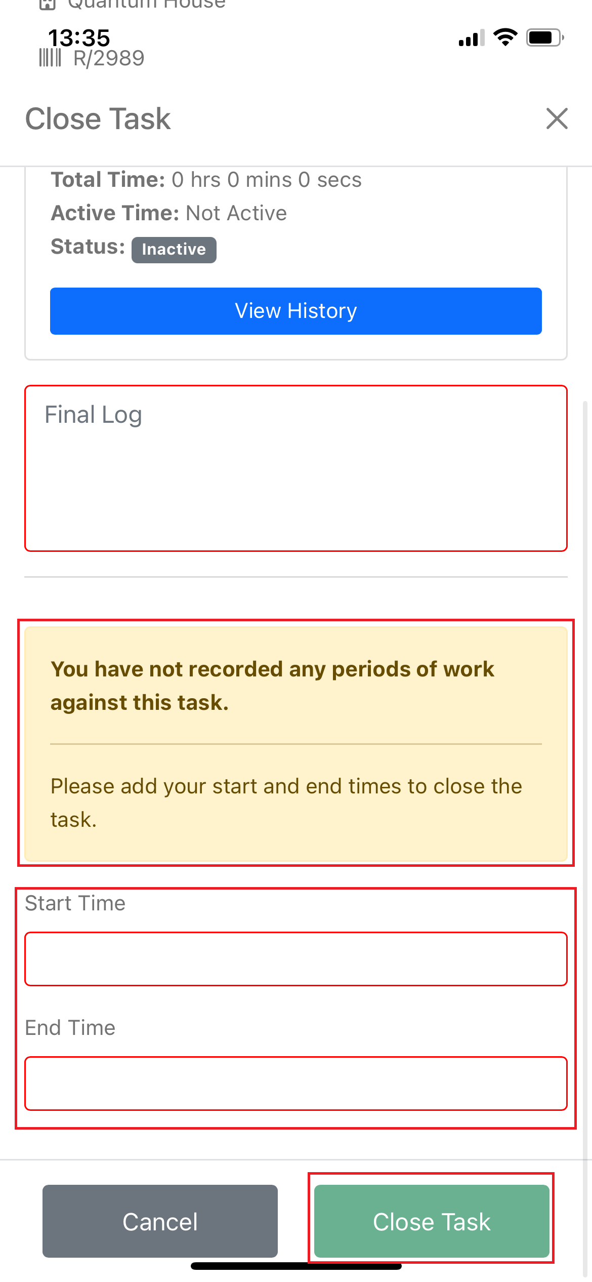 Start and end time inputs shown in the close task menu for tasks with no timeblocks