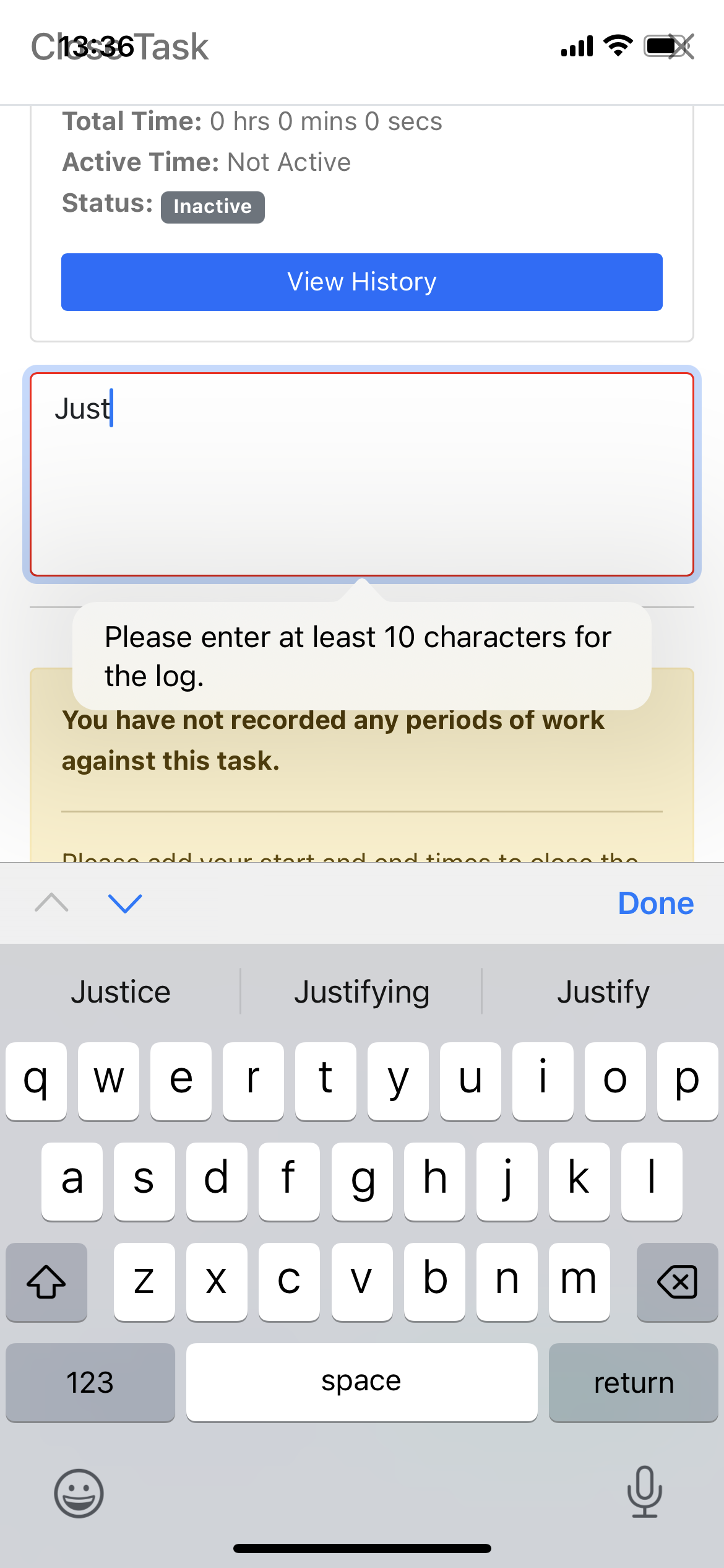 Close task menu prompting the operative to add time entries for a task with no timeblocks