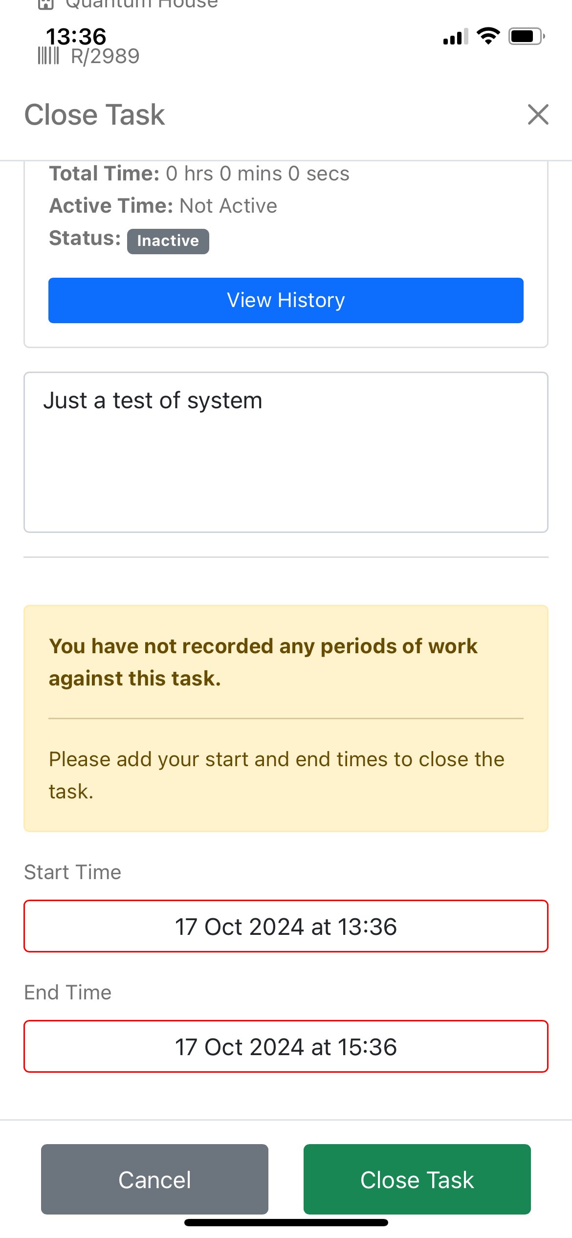 Final log input and close button visible in the close task menu for tasks with no timeblocks