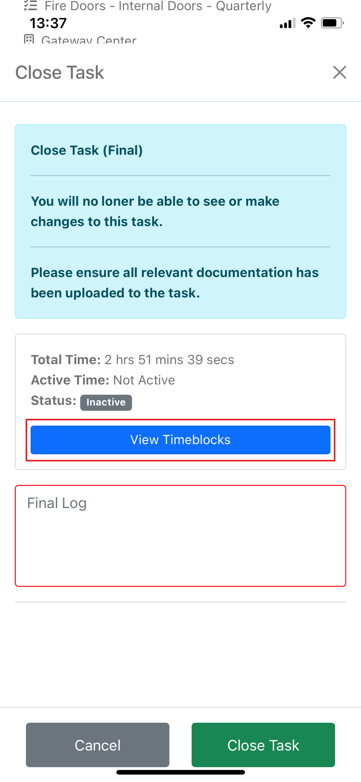 List of timeblock cards displayed in the close task menu