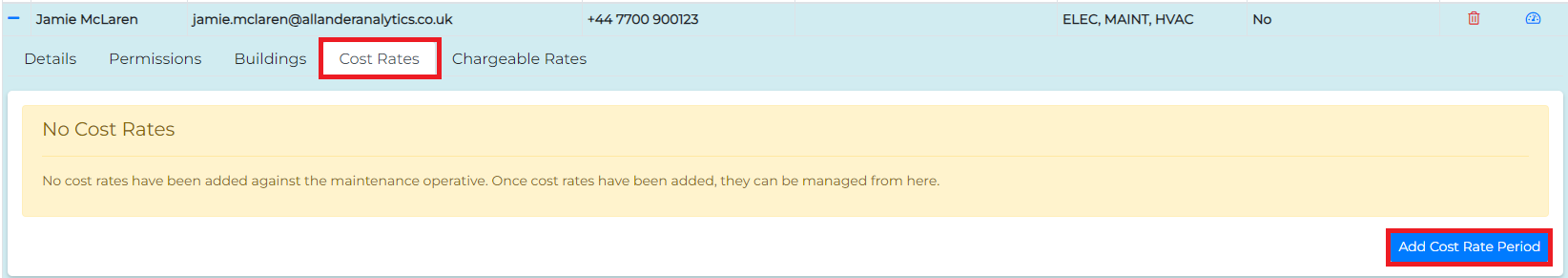 Cost rate configuration screen for operatives in the CMMS