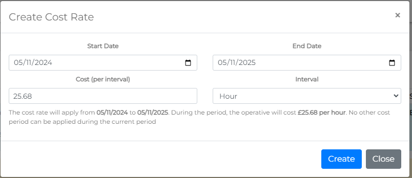Create cost rate form with cost and interval fields
