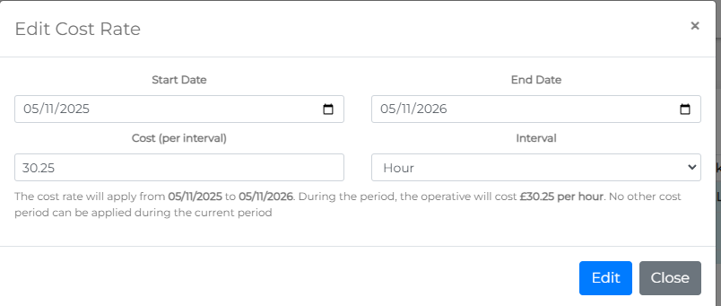 Edit cost rate form with editable fields
