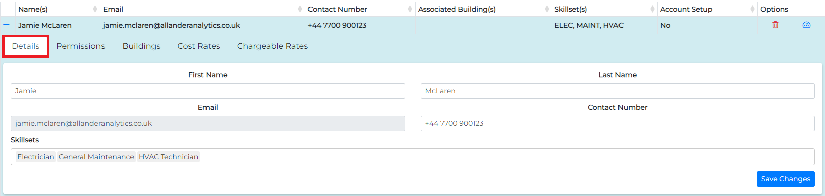 Operative details view in the CMMS