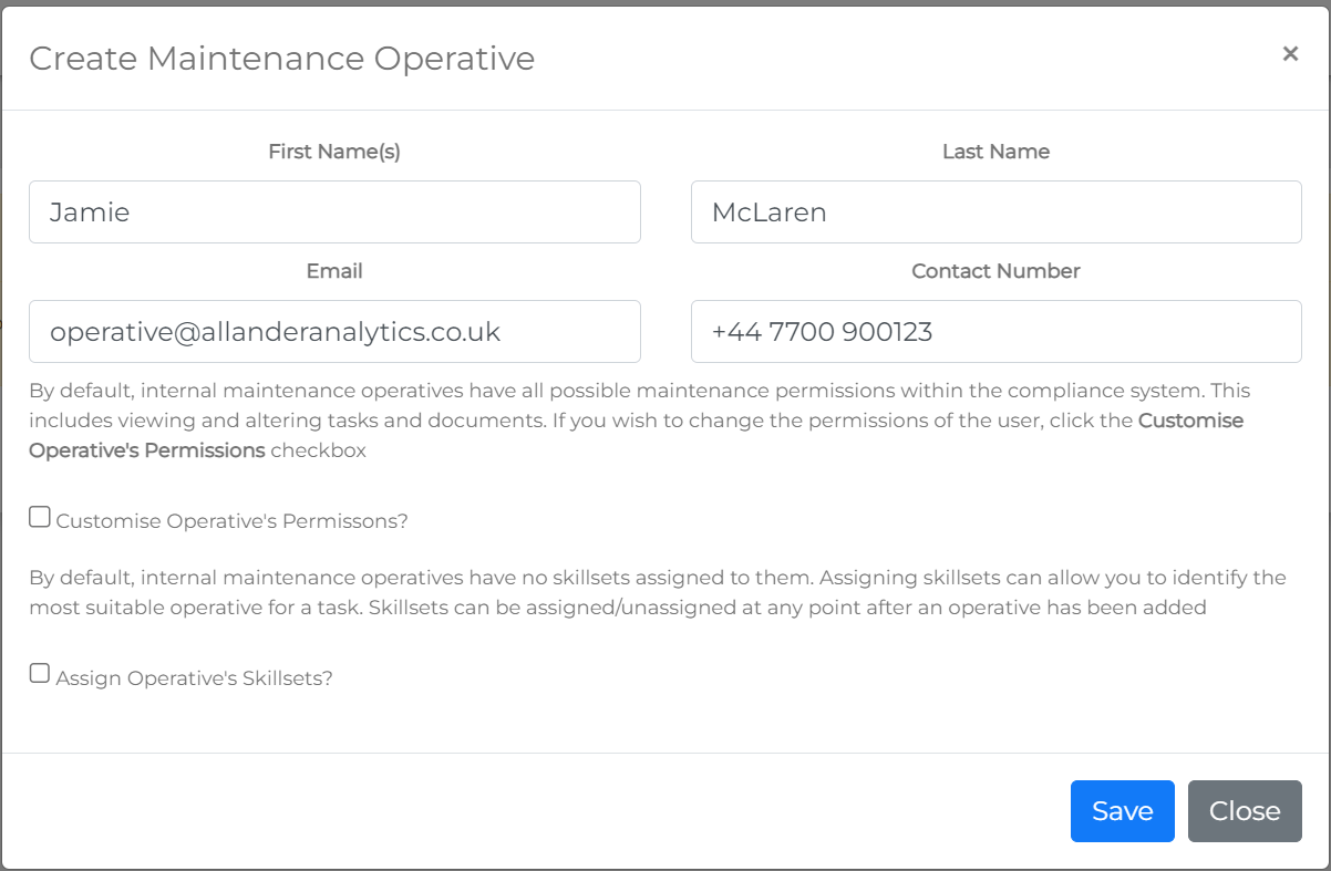 Form fields for adding an operative