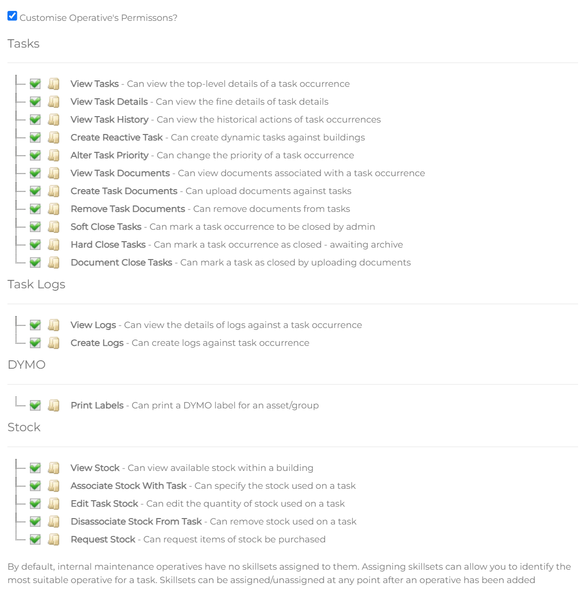 Permissions configuration screen for operatives