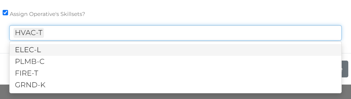 Skillsets configuration screen for operatives