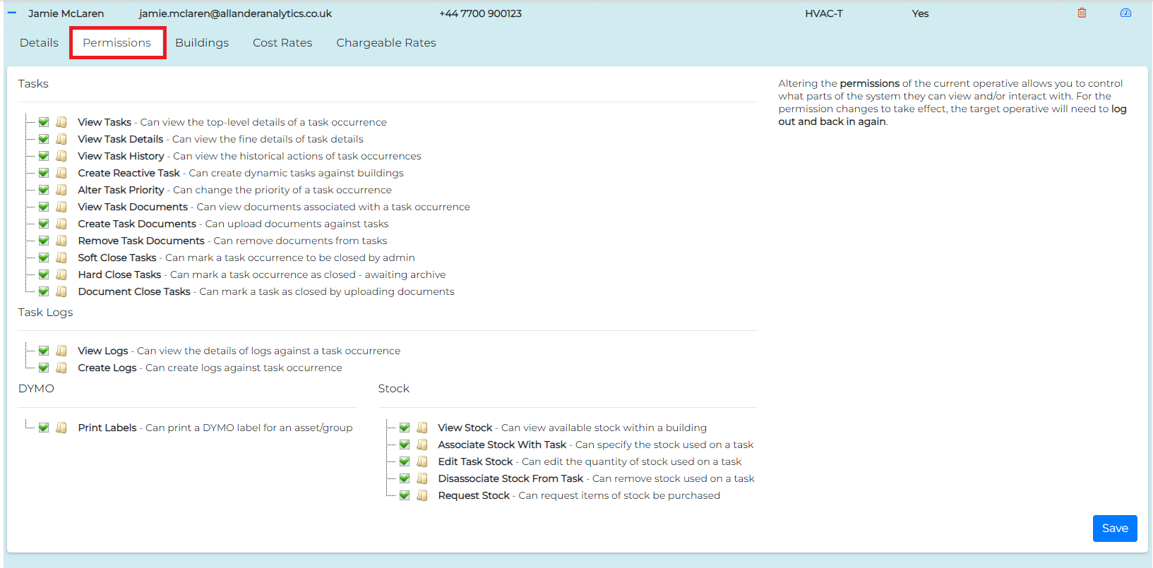 Permission settings for operatives in the CMMS