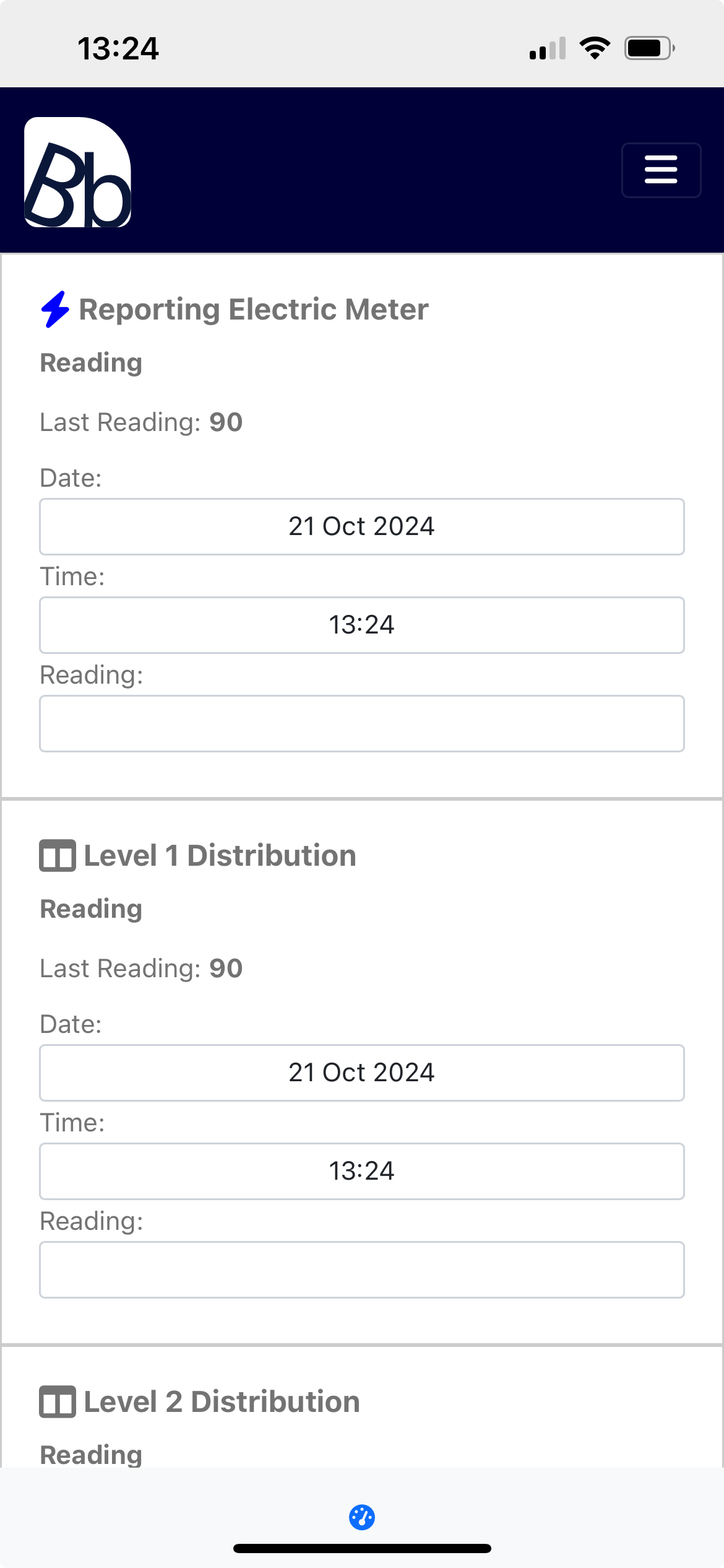 Meter readings dashboard populated with point cards