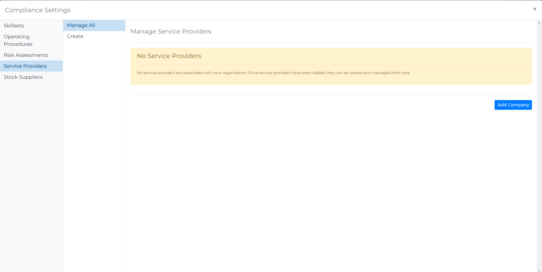 CMMS Settings Menu showing Skillsets option
