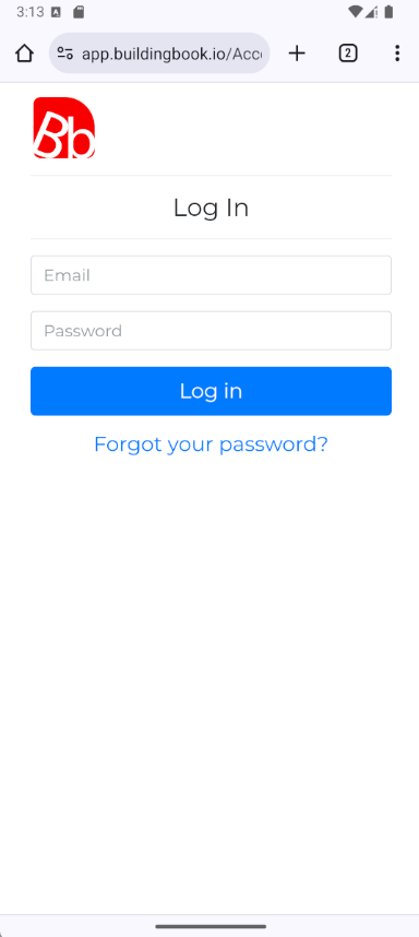 Login screen for the Building Book Operative App