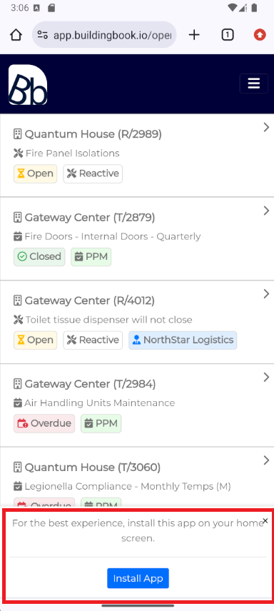 Step 1 - Install App prompt at the bottom of the Building Book screen