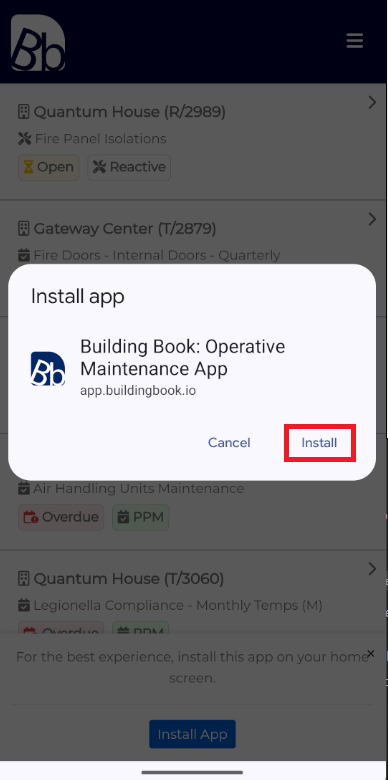 Step 2 - Install app pop-up window in Chrome