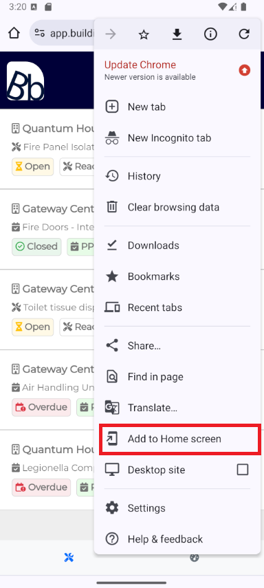 Step 2.2 - Select Add to Home screen from the Chrome menu