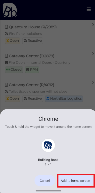 Step 3 - Confirmation screen to add Building Book app to the home screen