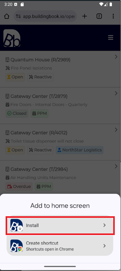 Step 4 - Confirmation that the Building Book app has been added to the home screen