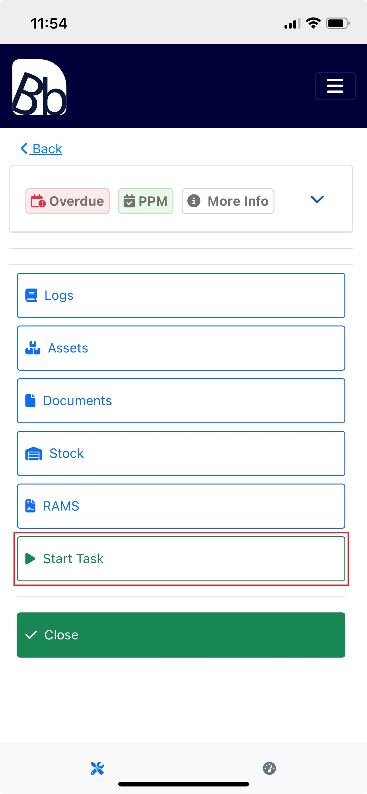 Starting a task by clicking the Start Task button