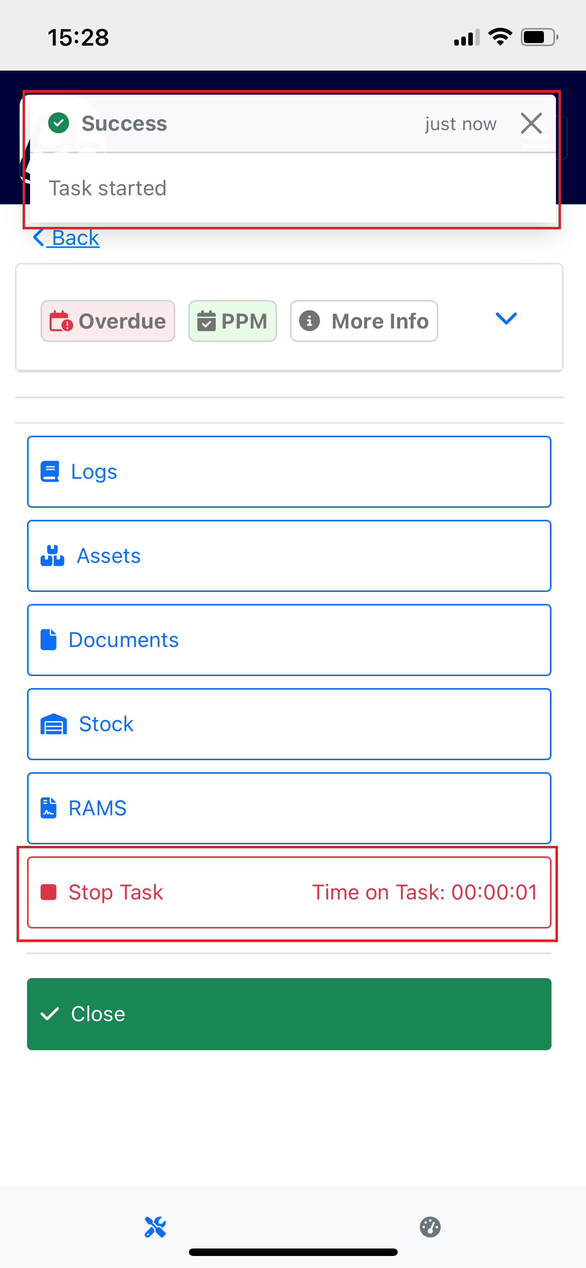 Successful Task Started toast message