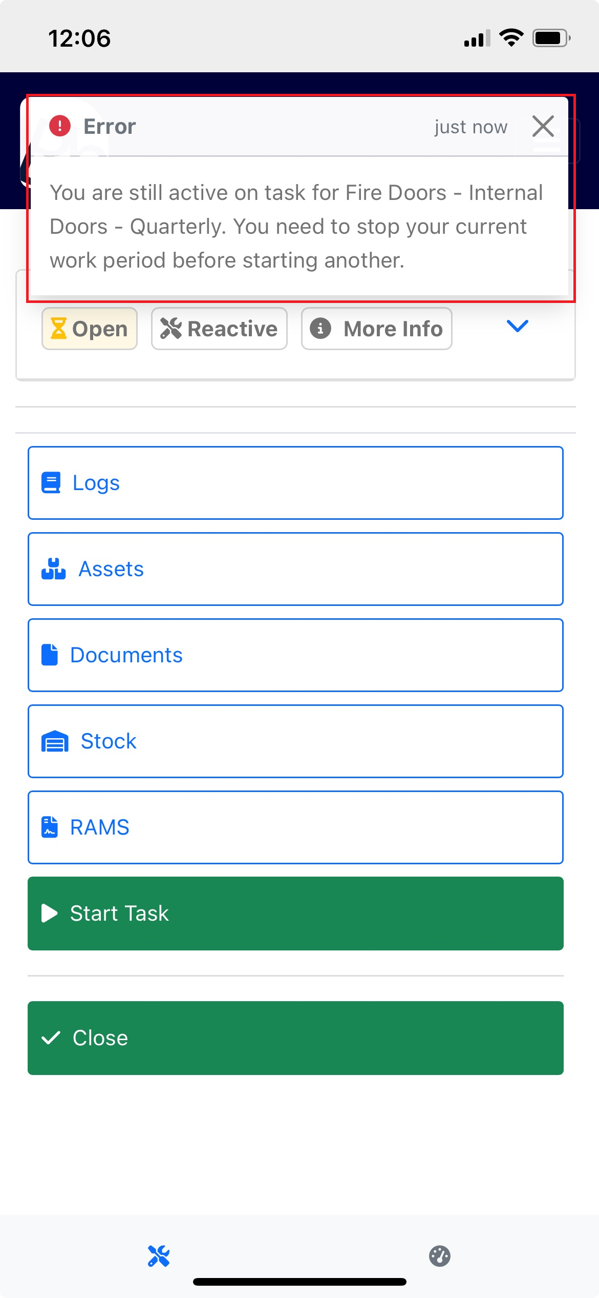 Error toast message when attempting to start a new task while another is active
