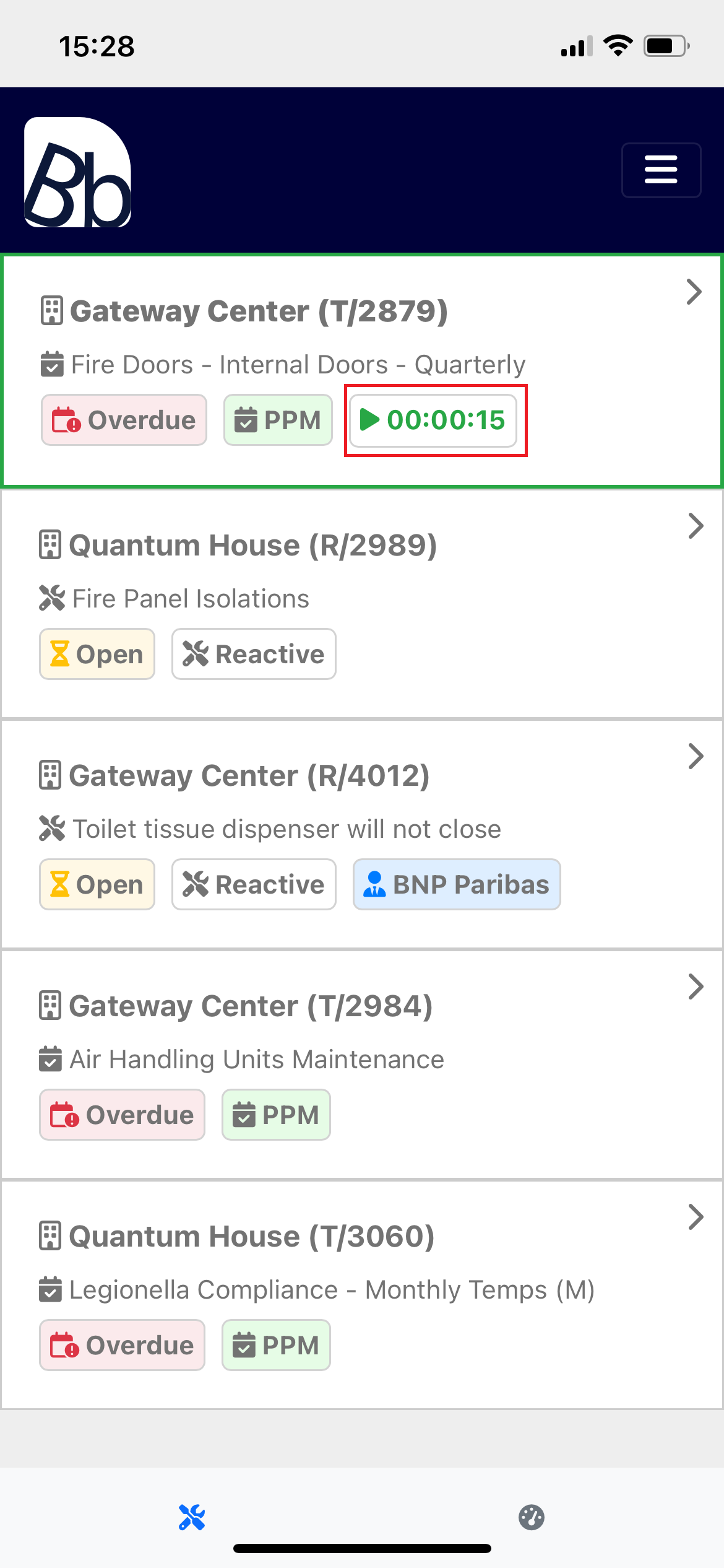 Active task overview displaying current work period timer