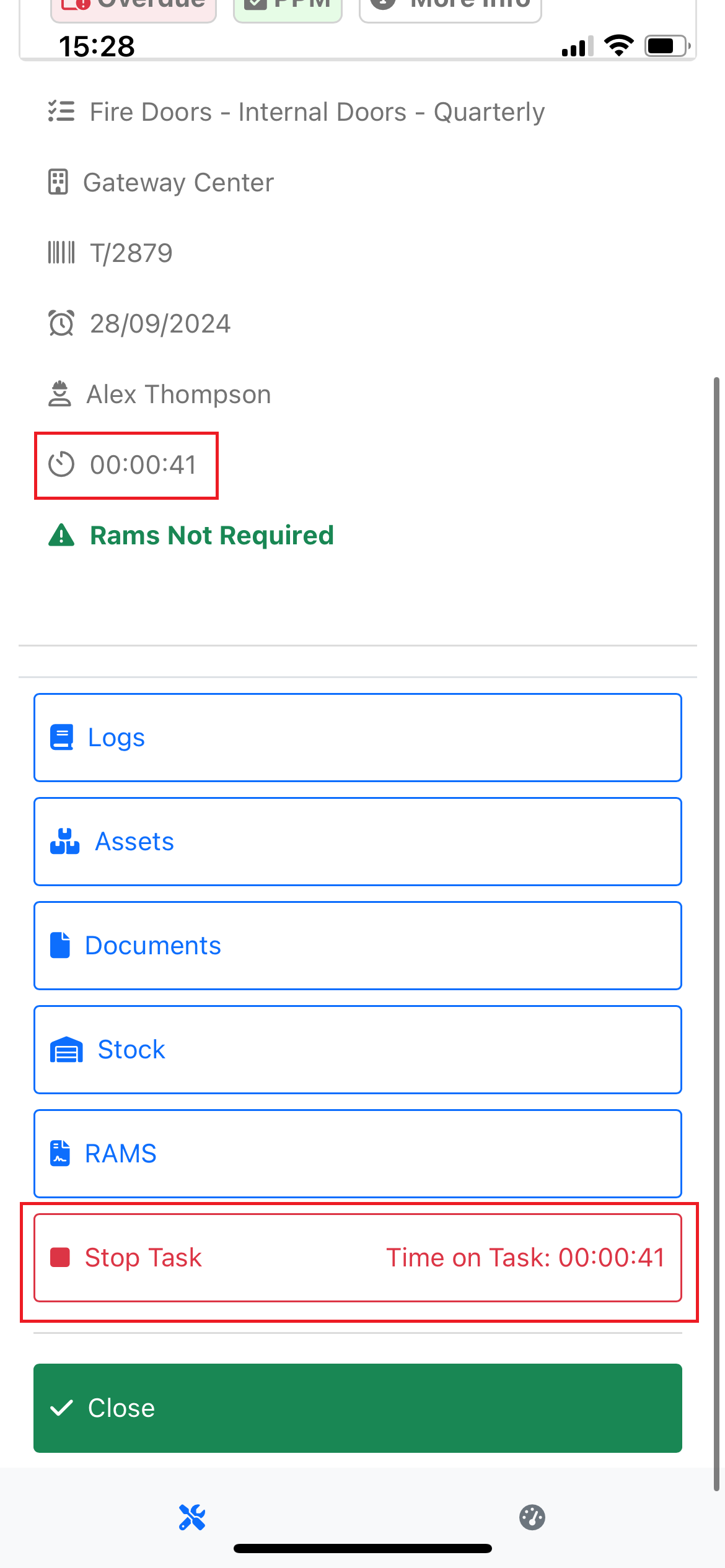 Active task view with live timer next to Stop Task button