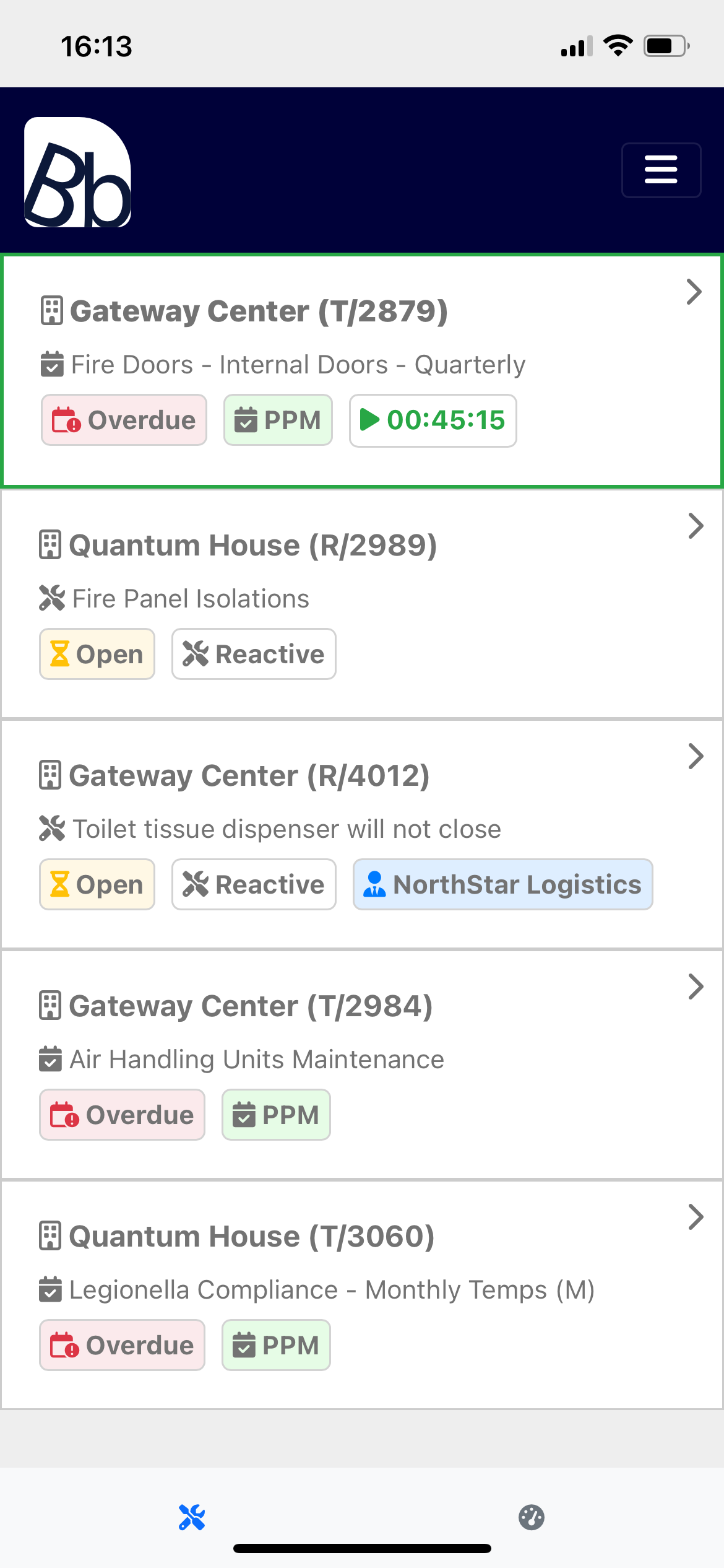 Active task card showing total time and active task time badge