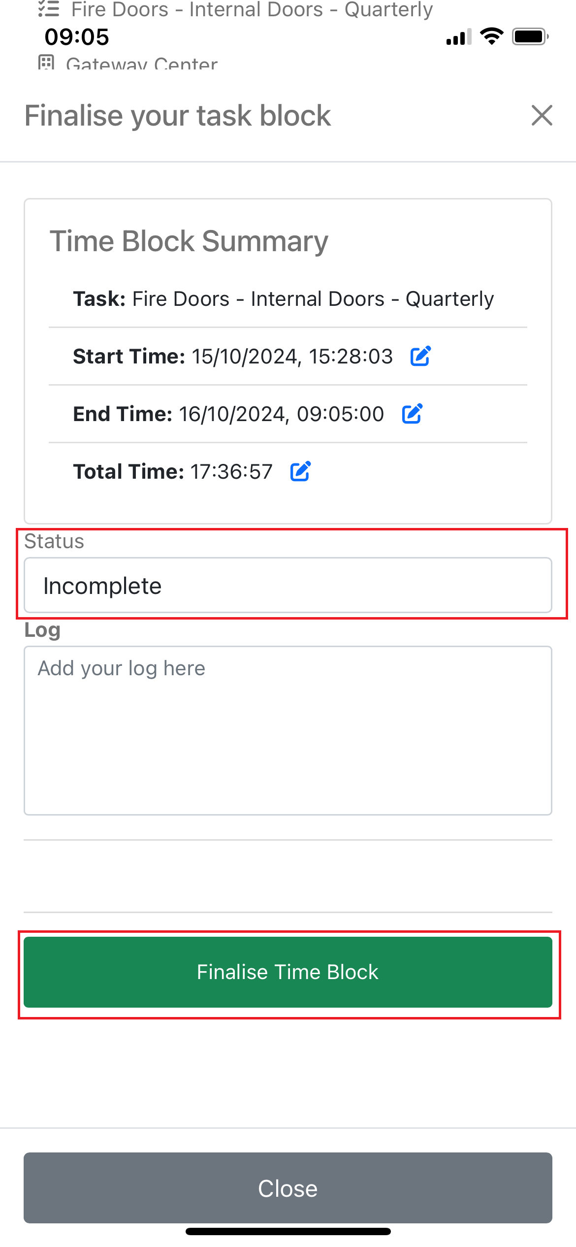 Finalizing Timeblock with Task Status update